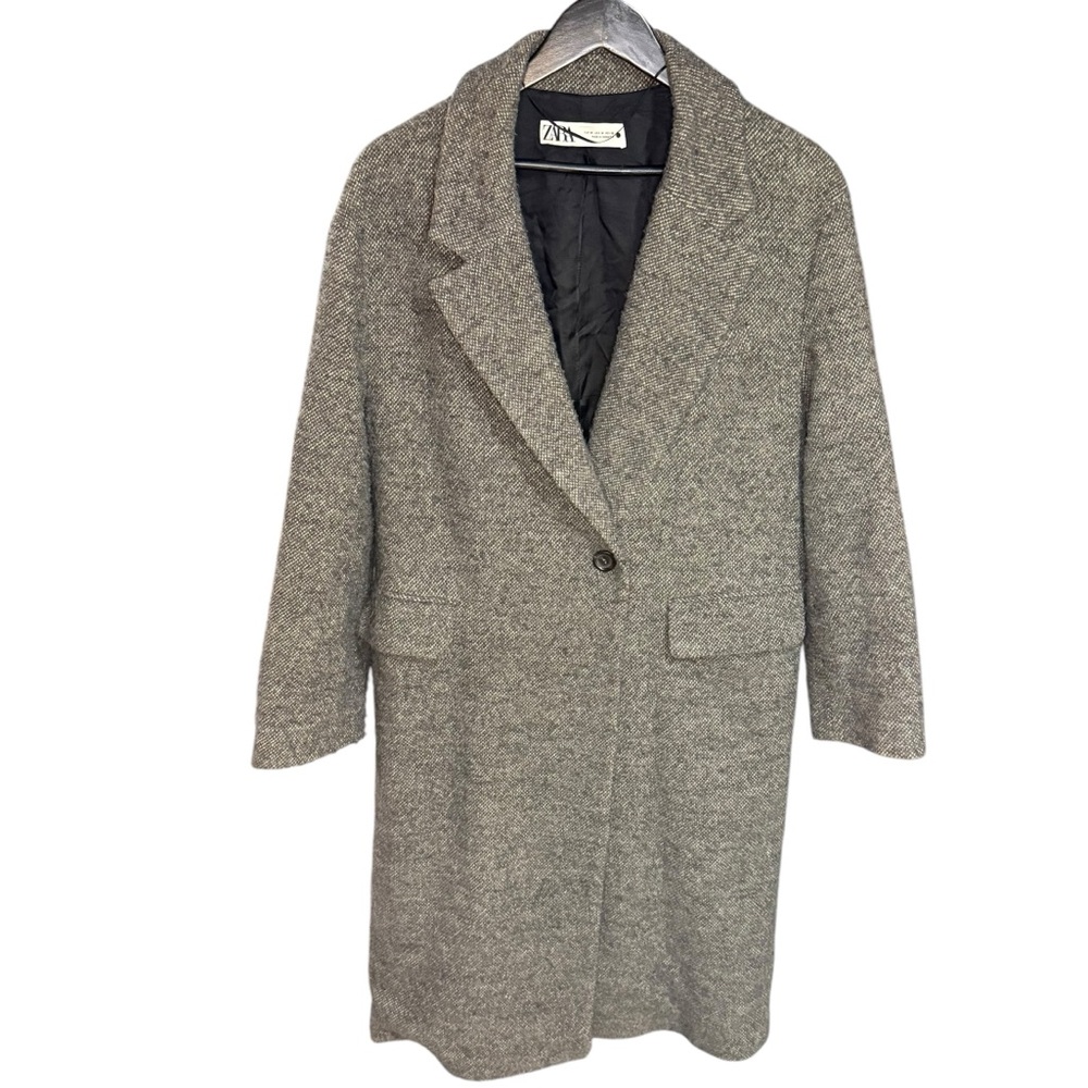 ZARA Long Wool Blend Coat Womens Medium Gray Textured Single Button Capsule